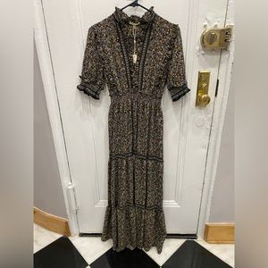 Max Studio Ruffle Collar Print Tiered Maxi Dress Black Gold Floral size XS NWT